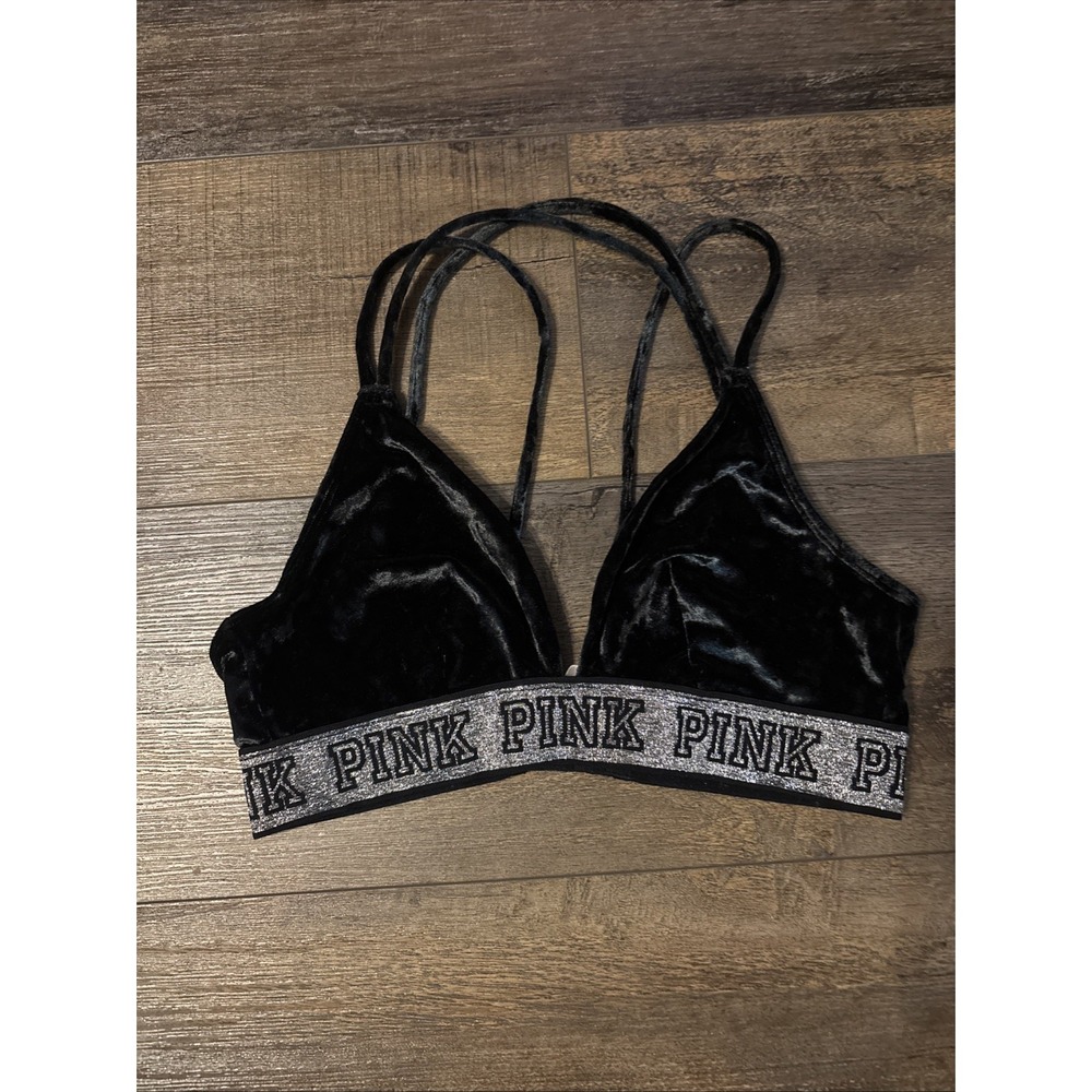Victoria's Secret Pink Crushed Velvet Unlined Bralette Logo Small Dark Green‎